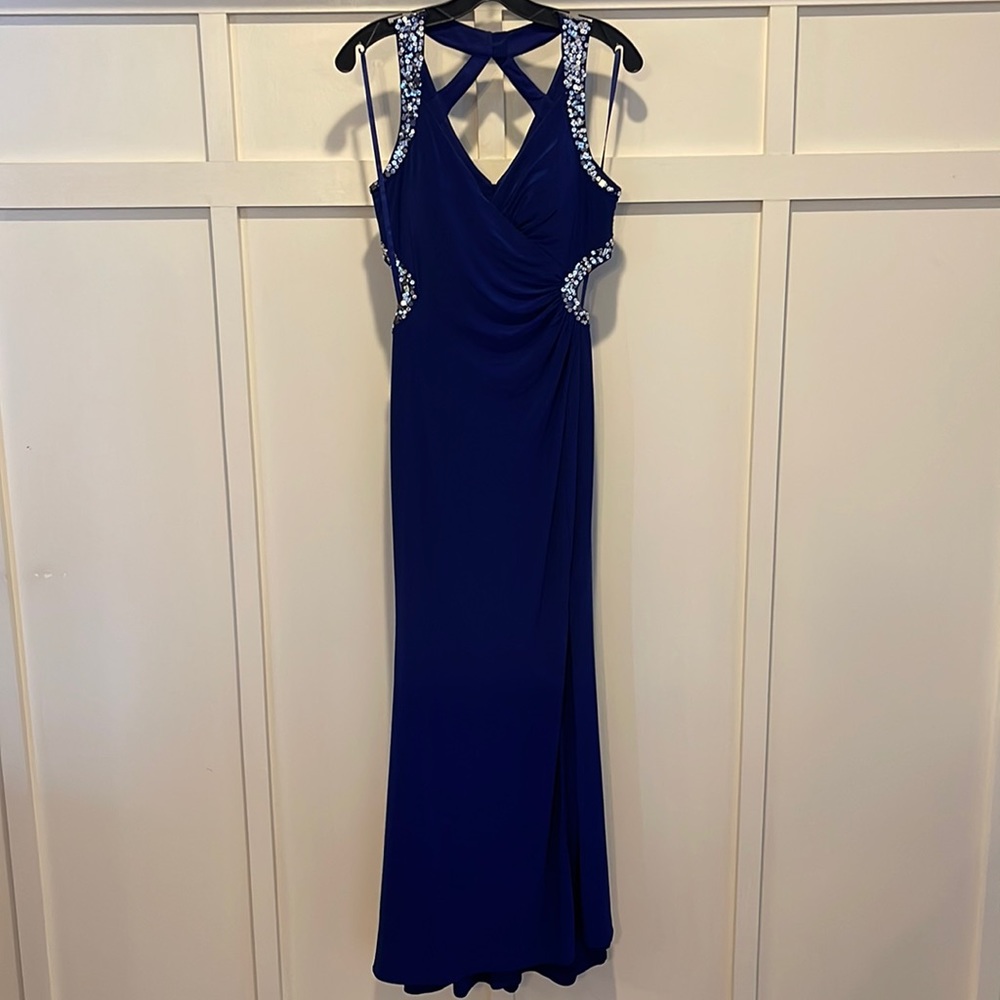 Deb Navy Prom Formal Gown with Open Back and Sequins